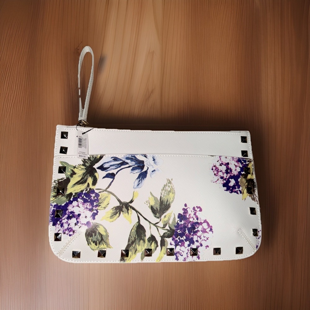 NWT White House Black Market Vegan Leather Silver Studded Floral Clutch Edgy